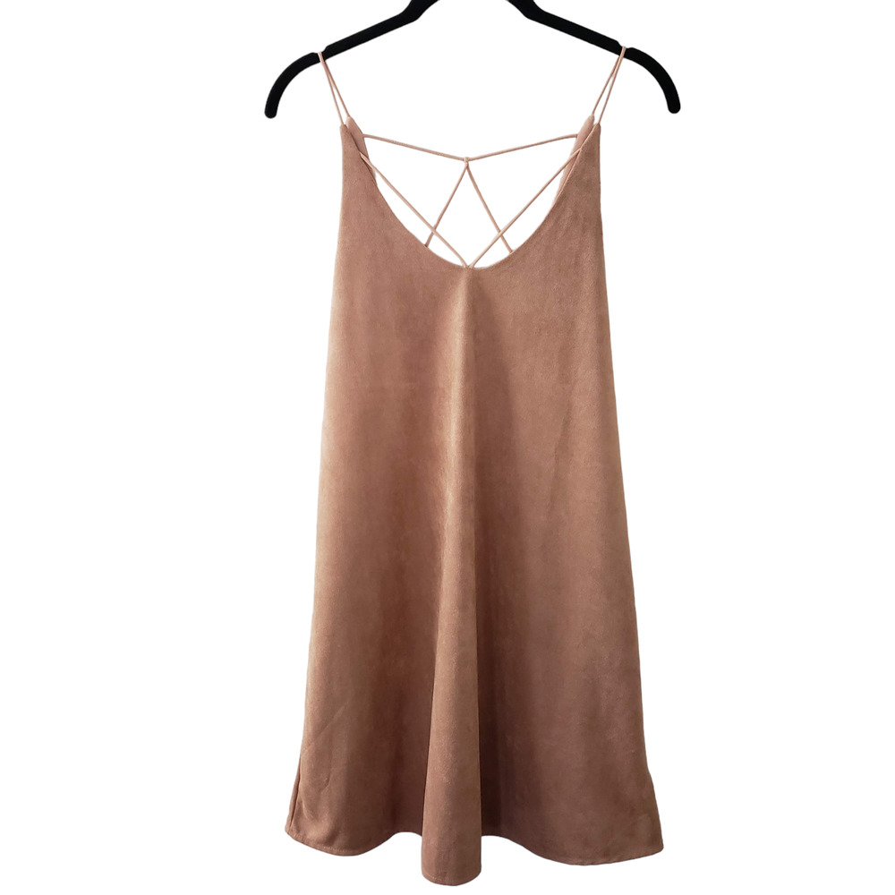 She & Sky Faux Suede Strappy Sleeveless V-Back Mini Dress, Tan, Sz S, NWT